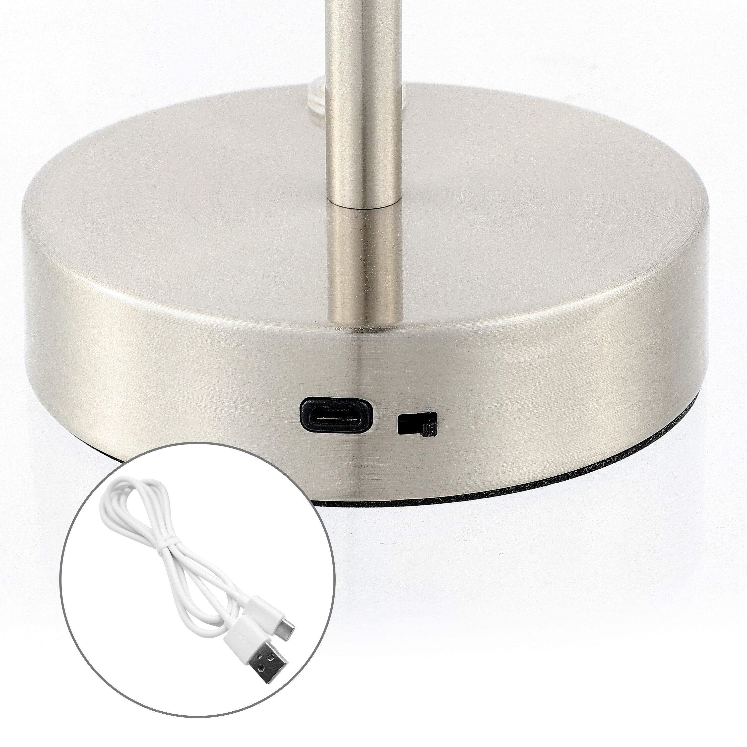 Lampe de table LED intégrée rechargeable sans fil Carson 12,5 cm, minimaliste et moderne, en fer, nickel/blanc, par JONATHAN Y