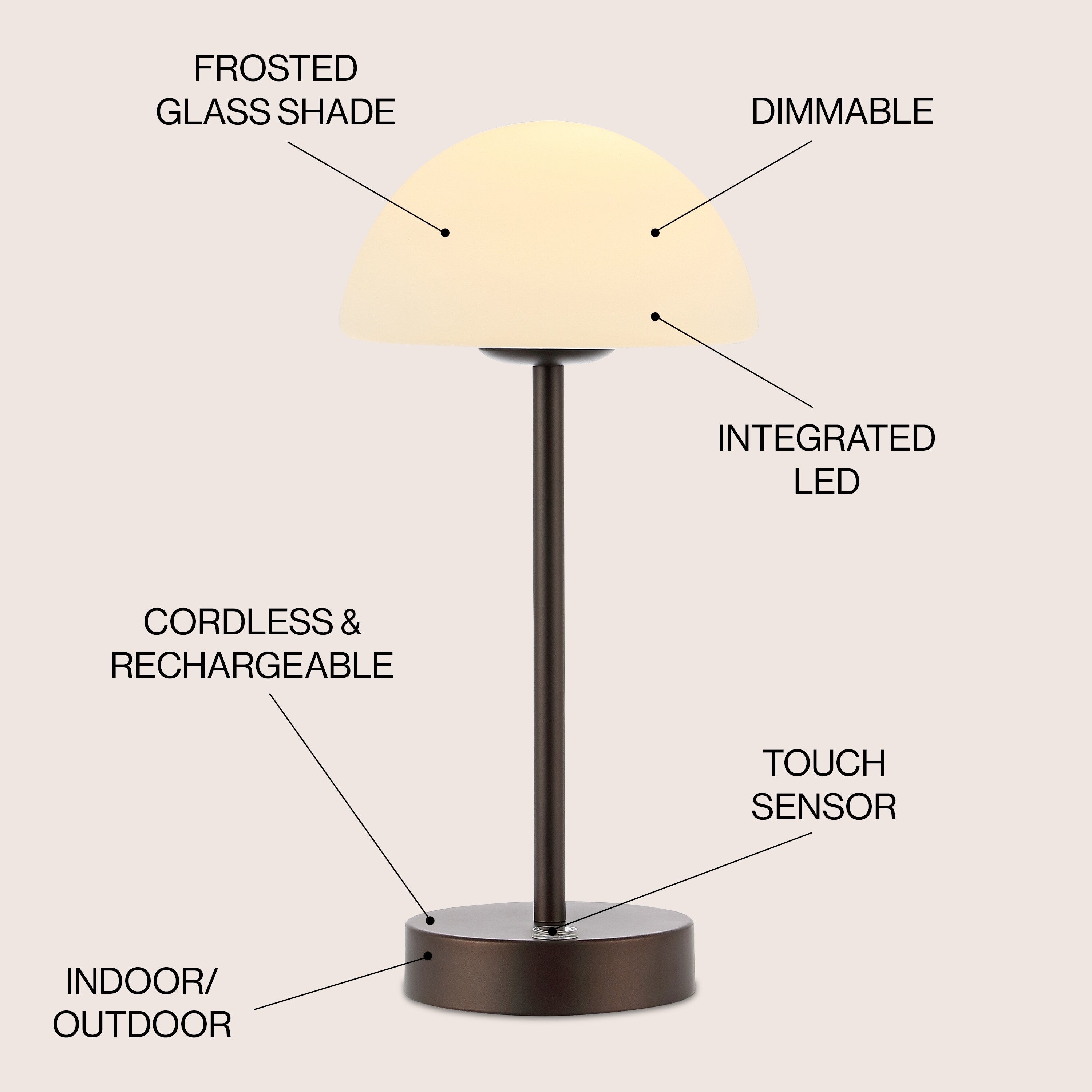 Lampe de table LED intégrée rechargeable sans fil Carson 12,5 cm, minimaliste et moderne, en fer, nickel/blanc, par JONATHAN Y
