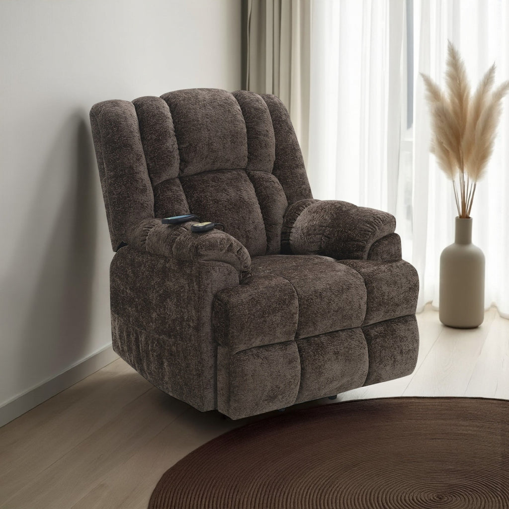 Fauteuil inclinable électrique Cassy avec releveur, chauffage et massage, velours marron