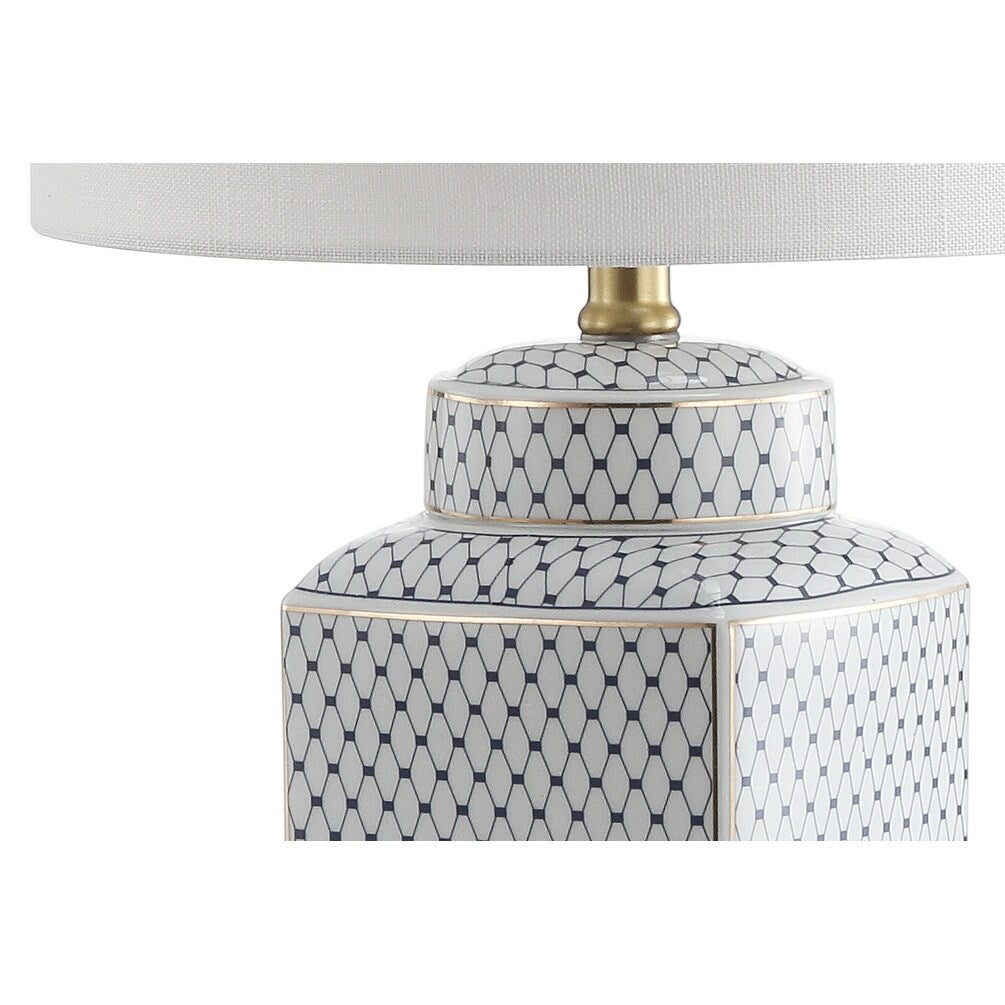 Lampe de table LED Catherine 21,5 cm, pot à gingembre en céramique/métal, blanc/bleu marine, par JONATHAN Y