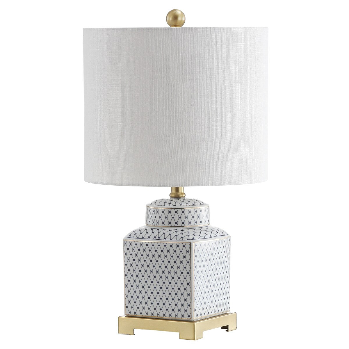 Lampe de table LED Catherine 21,5 cm, pot à gingembre en céramique/métal, blanc/bleu marine, par JONATHAN Y