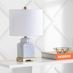 Lampe de table LED Catherine 21,5 cm, pot à gingembre en céramique/métal, blanc/bleu marine, par JONATHAN Y