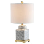 Lampe de table LED Catherine 21,5 cm, pot à gingembre en céramique/métal, blanc/bleu marine, par JONATHAN Y