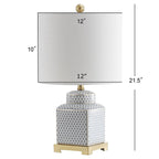Lampe de table LED Catherine 21,5 cm, pot à gingembre en céramique/métal, blanc/bleu marine, par JONATHAN Y