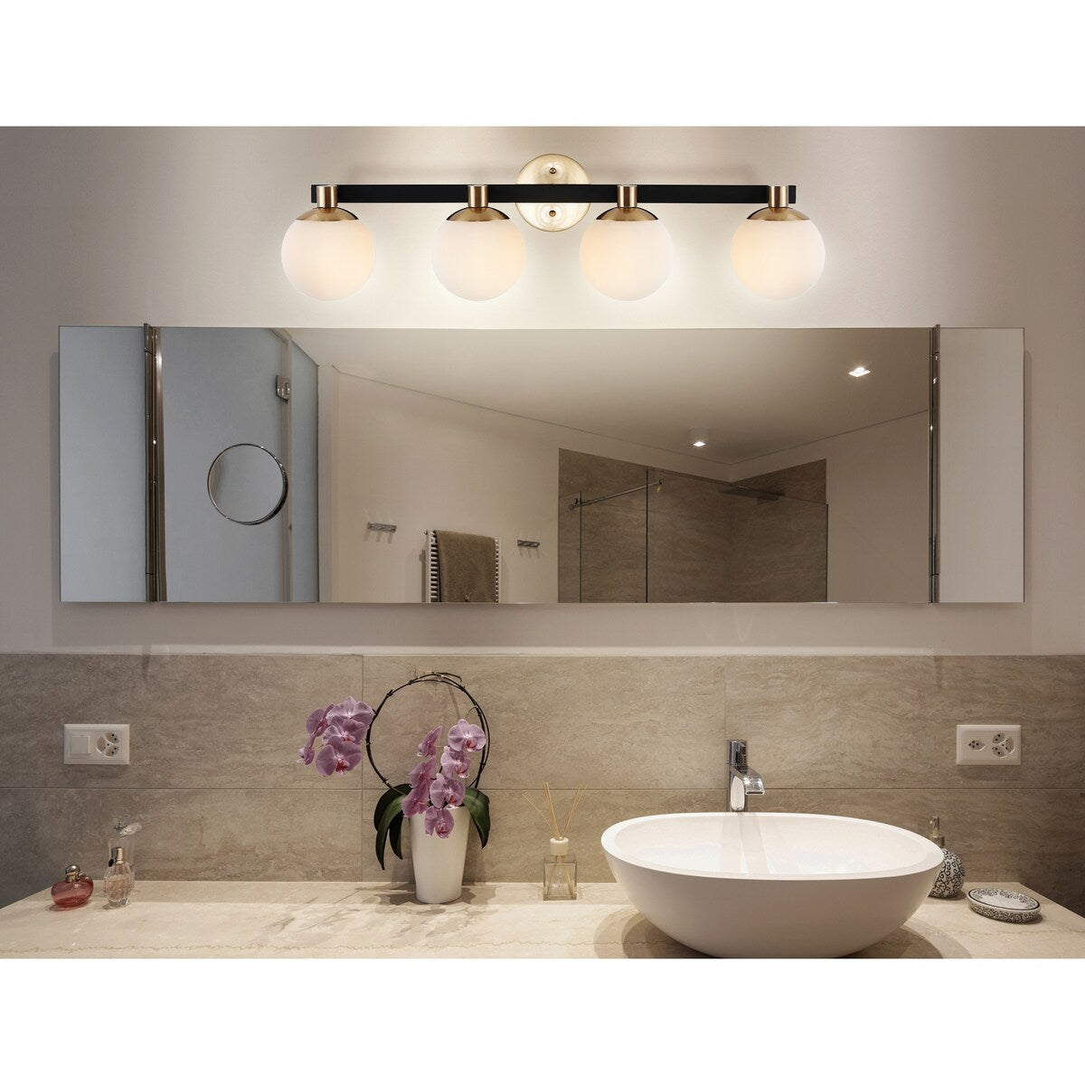 Cecil Globe - Meuble-lavabo moderne et contemporain à LED en métal et verre dépoli, par JONATHAN Y