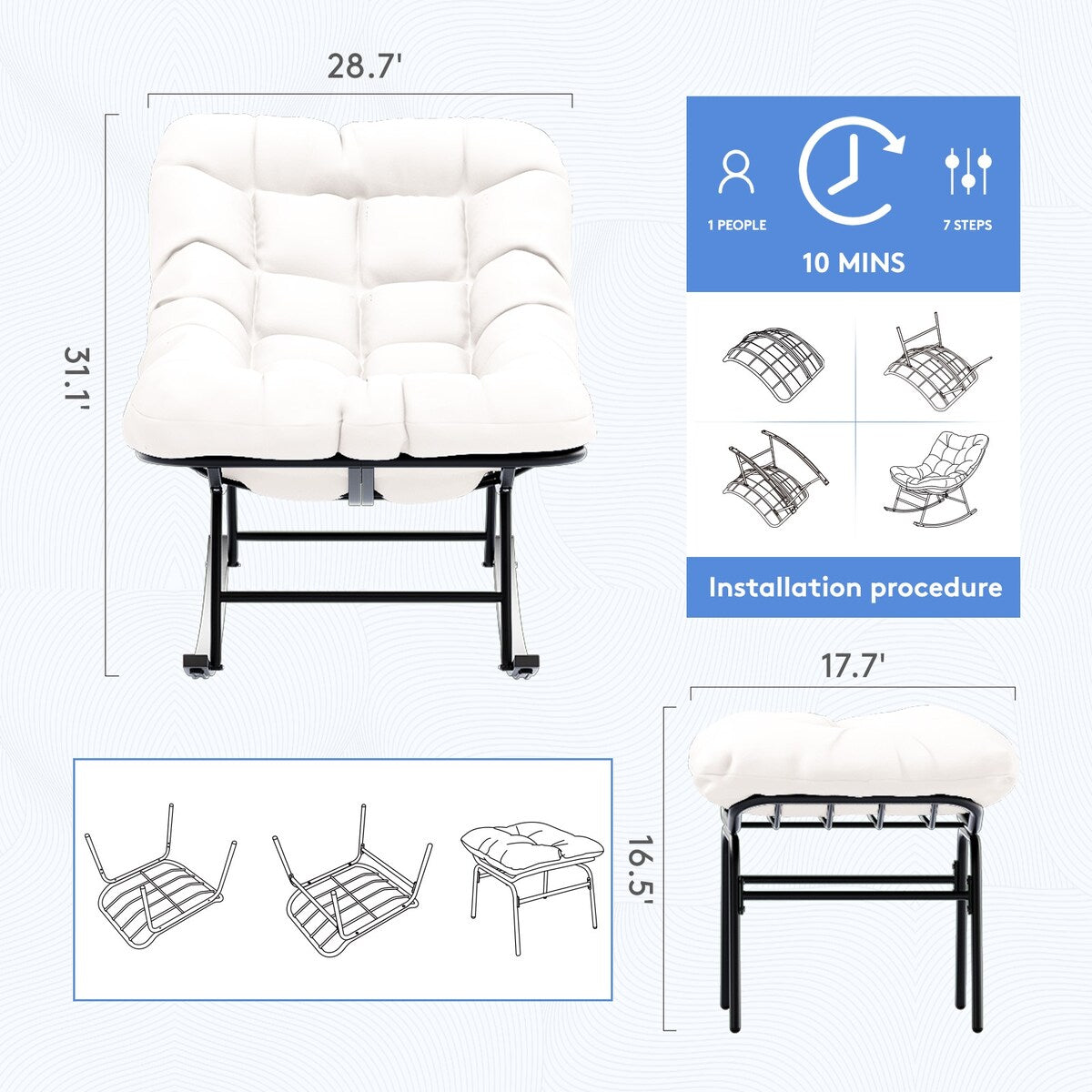 Ensemble chaise et repose-pieds à structure métallique avec coussins amovibles – Confort et durabilité en extérieur