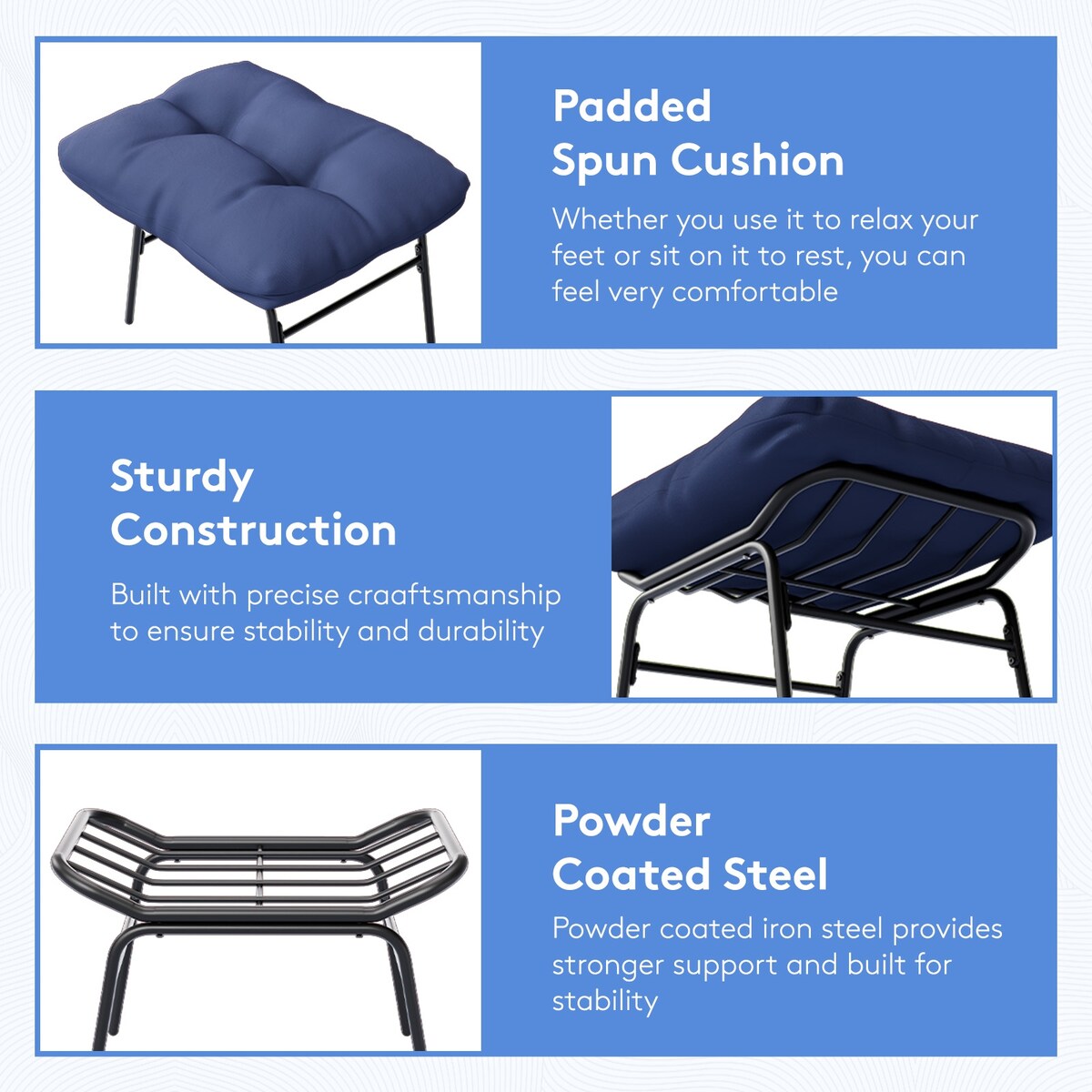 Ensemble chaise et repose-pieds à structure métallique avec coussins amovibles – Confort et durabilité en extérieur
