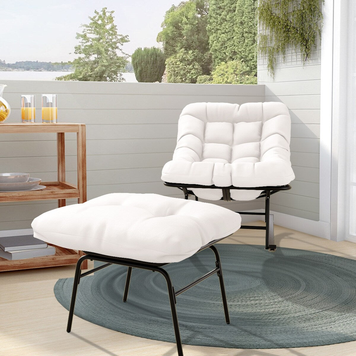 Ensemble chaise et repose-pieds à structure métallique avec coussins amovibles – Confort et durabilité en extérieur