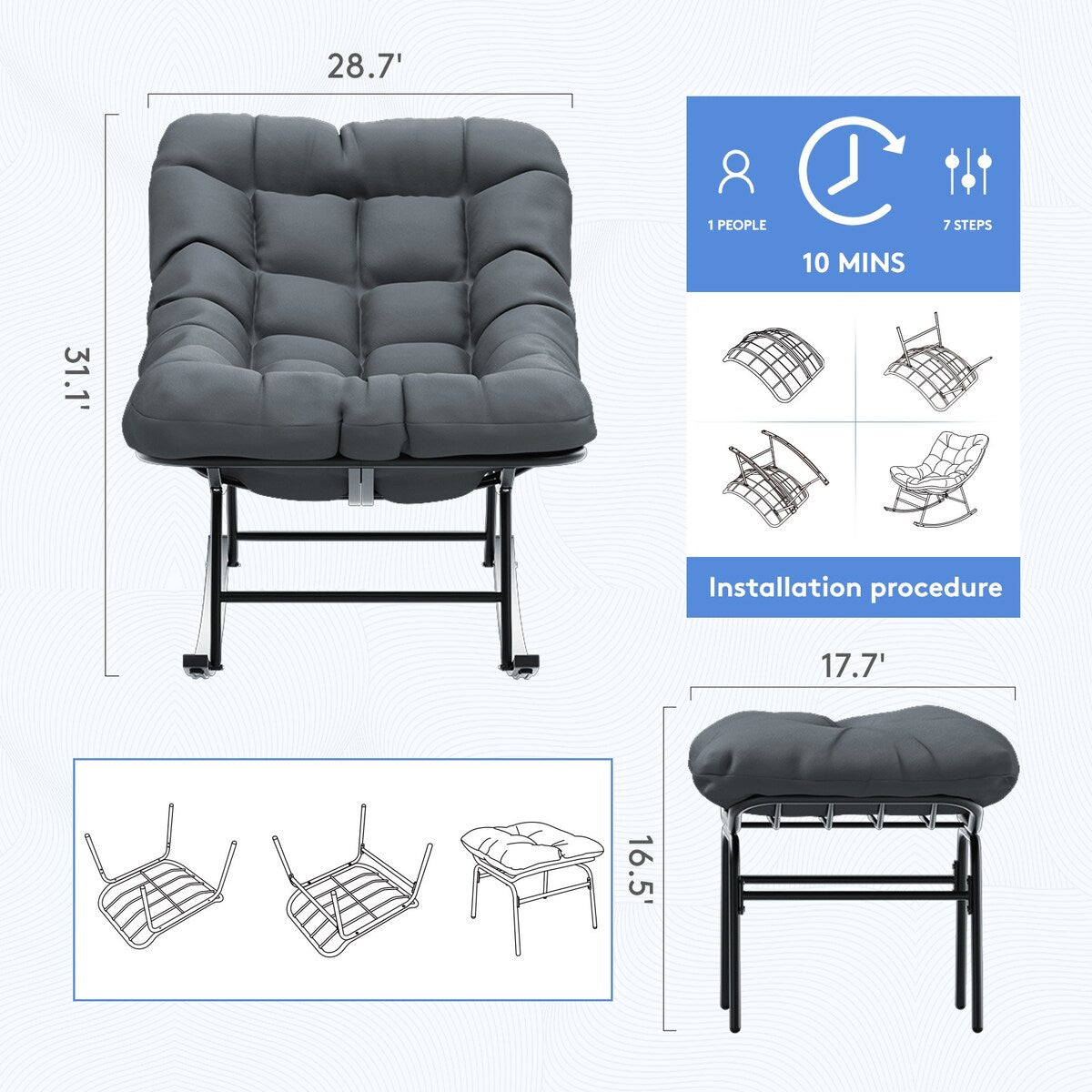 Ensemble chaise et repose-pieds à structure métallique avec coussins amovibles – Confort et durabilité en extérieur