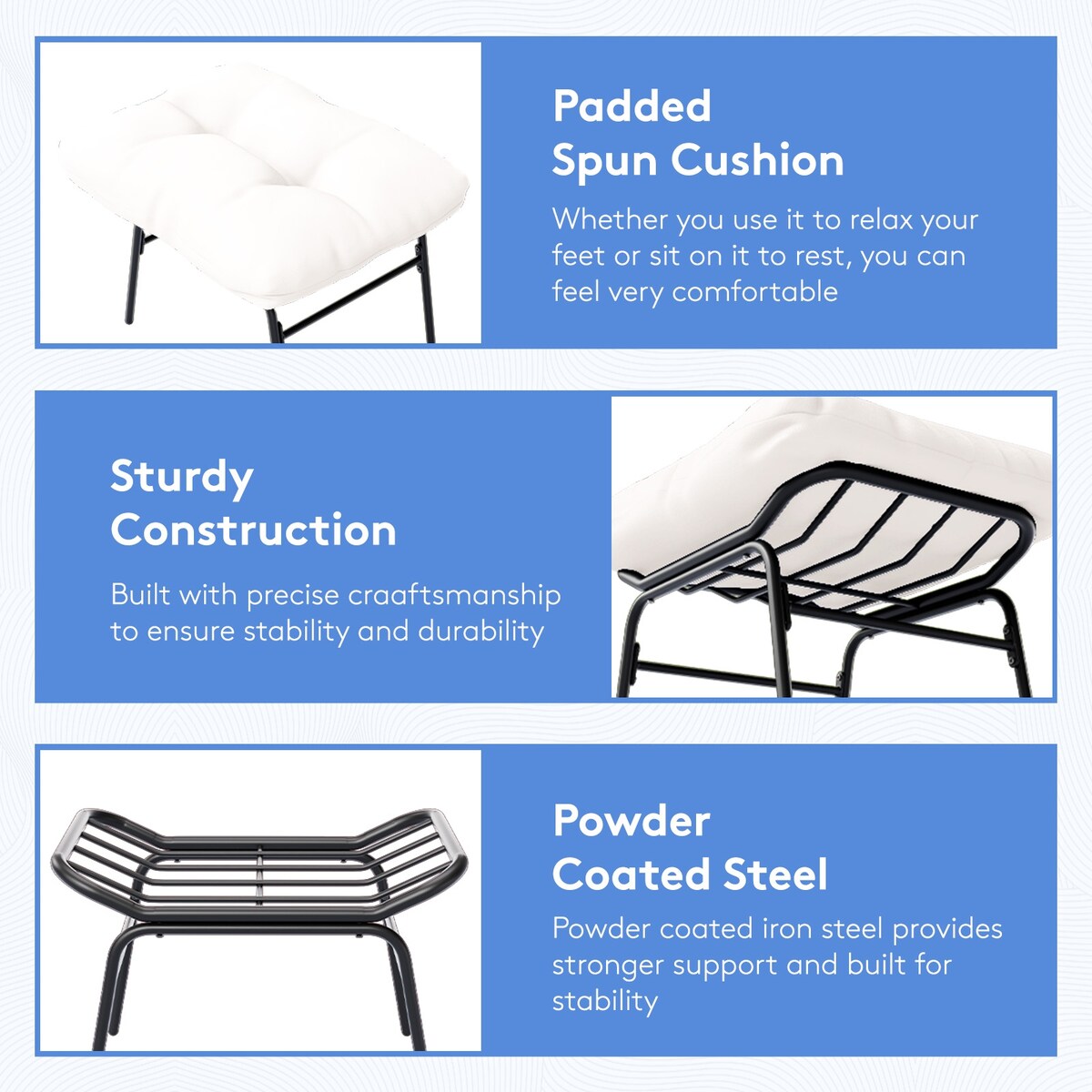 Ensemble chaise et repose-pieds à structure métallique avec coussins amovibles – Confort et durabilité en extérieur