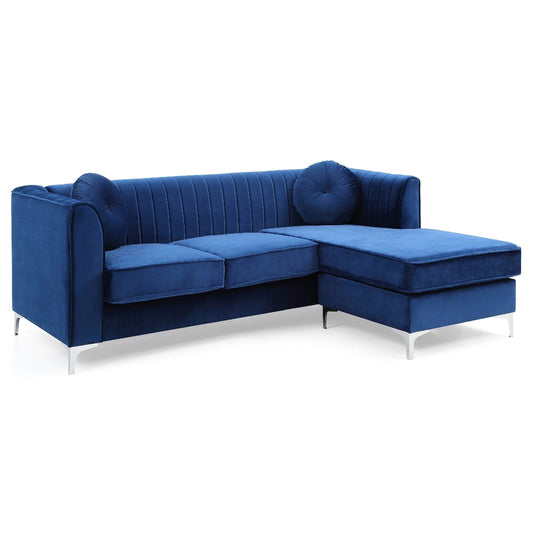 Canapé sectionnel en L en velours capitonné avec coussins décoratifs - 87 - Bleu