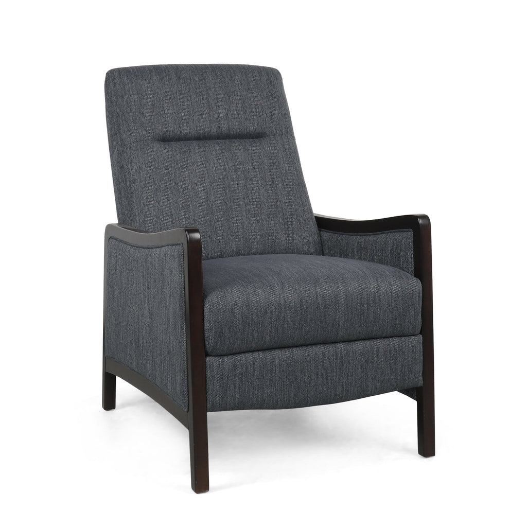 Fauteuil inclinable rembourré style Mid-Century, couleur anthracite, avec repose-pieds et cadre en bois de bouleau