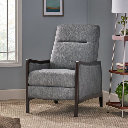 Fauteuil inclinable rembourré style Mid-Century, couleur anthracite, avec repose-pieds et cadre en bois de bouleau