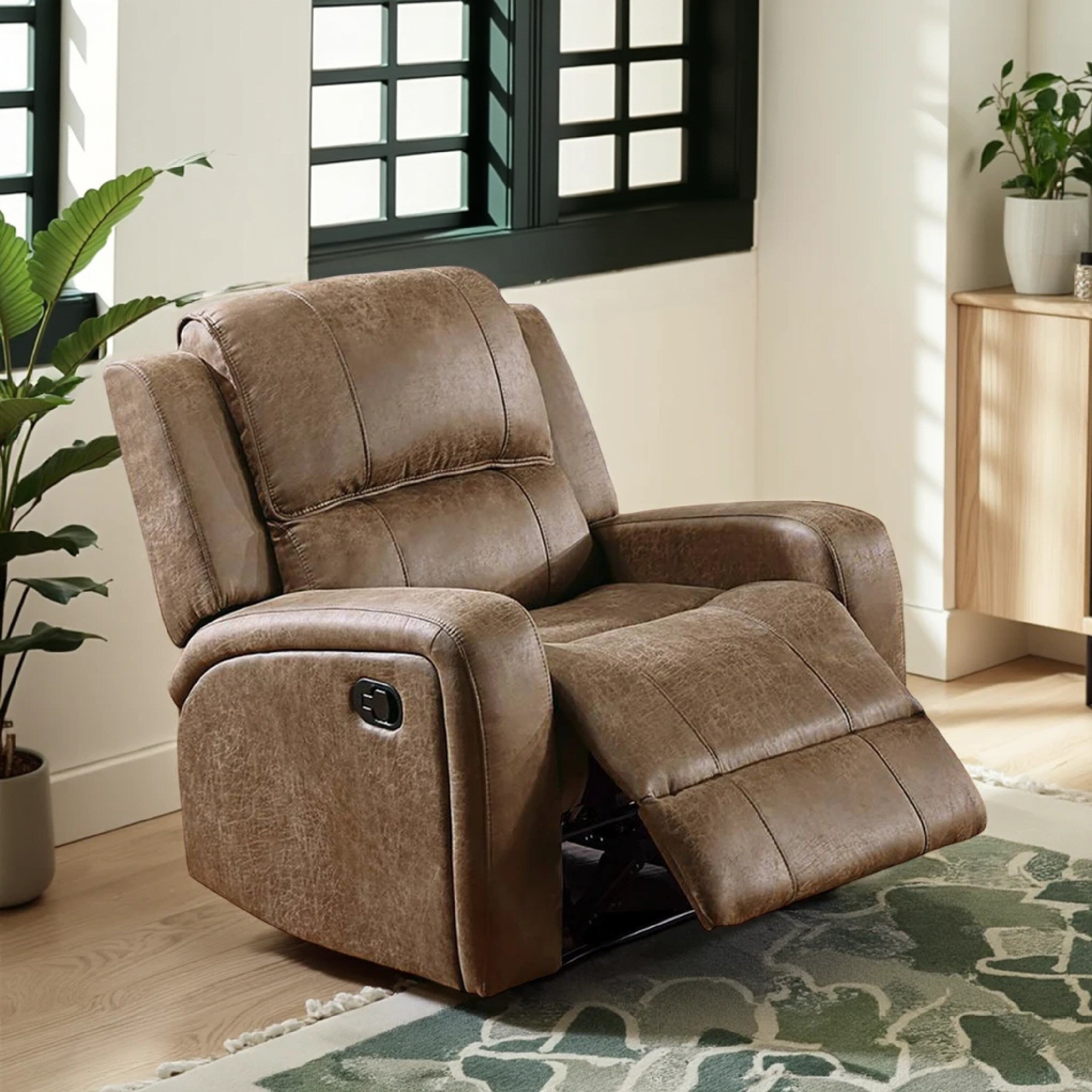 Fauteuil inclinable manuel Charles, similicuir marron châtaigne, bois massif