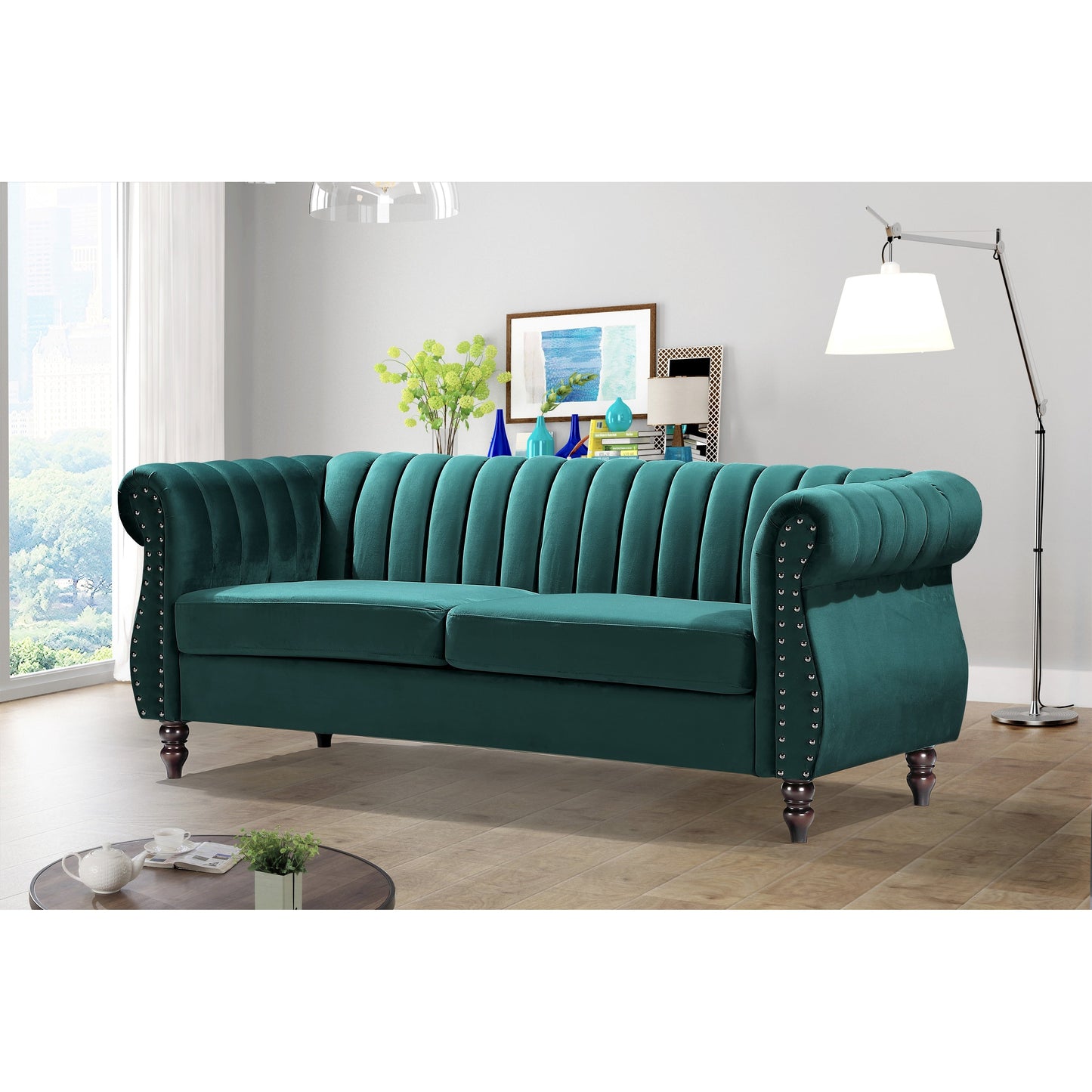 Canapé Chesterfield en velours Charlot à accoudoirs roulés