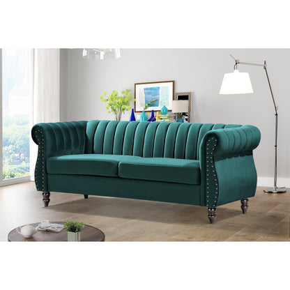 Canapé Chesterfield en velours Charlot à accoudoirs roulés