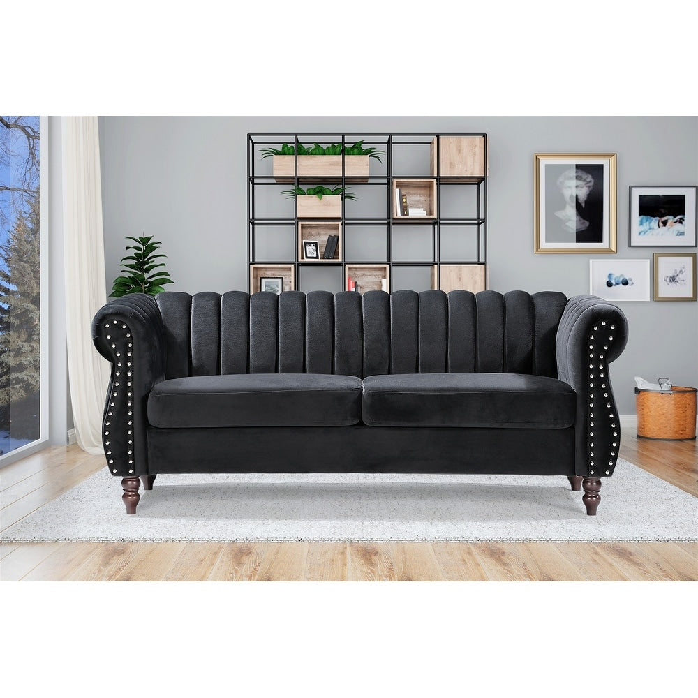 Canapé Chesterfield en velours Charlot à accoudoirs roulés