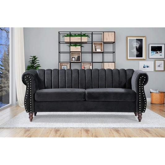 Canapé Chesterfield en velours Charlot à accoudoirs roulés