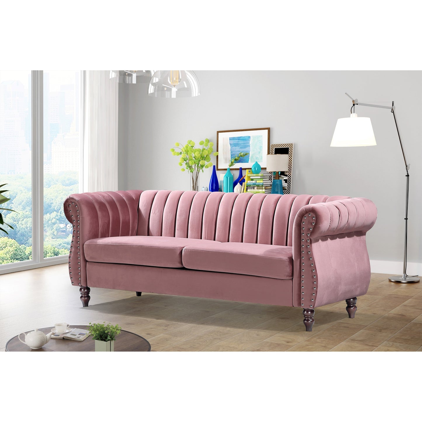 Canapé Chesterfield en velours Charlot à accoudoirs roulés