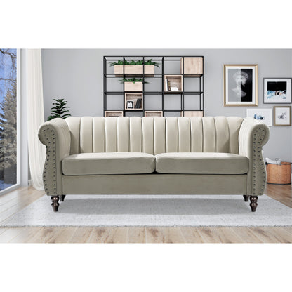 Canapé Chesterfield en velours Charlot à accoudoirs roulés