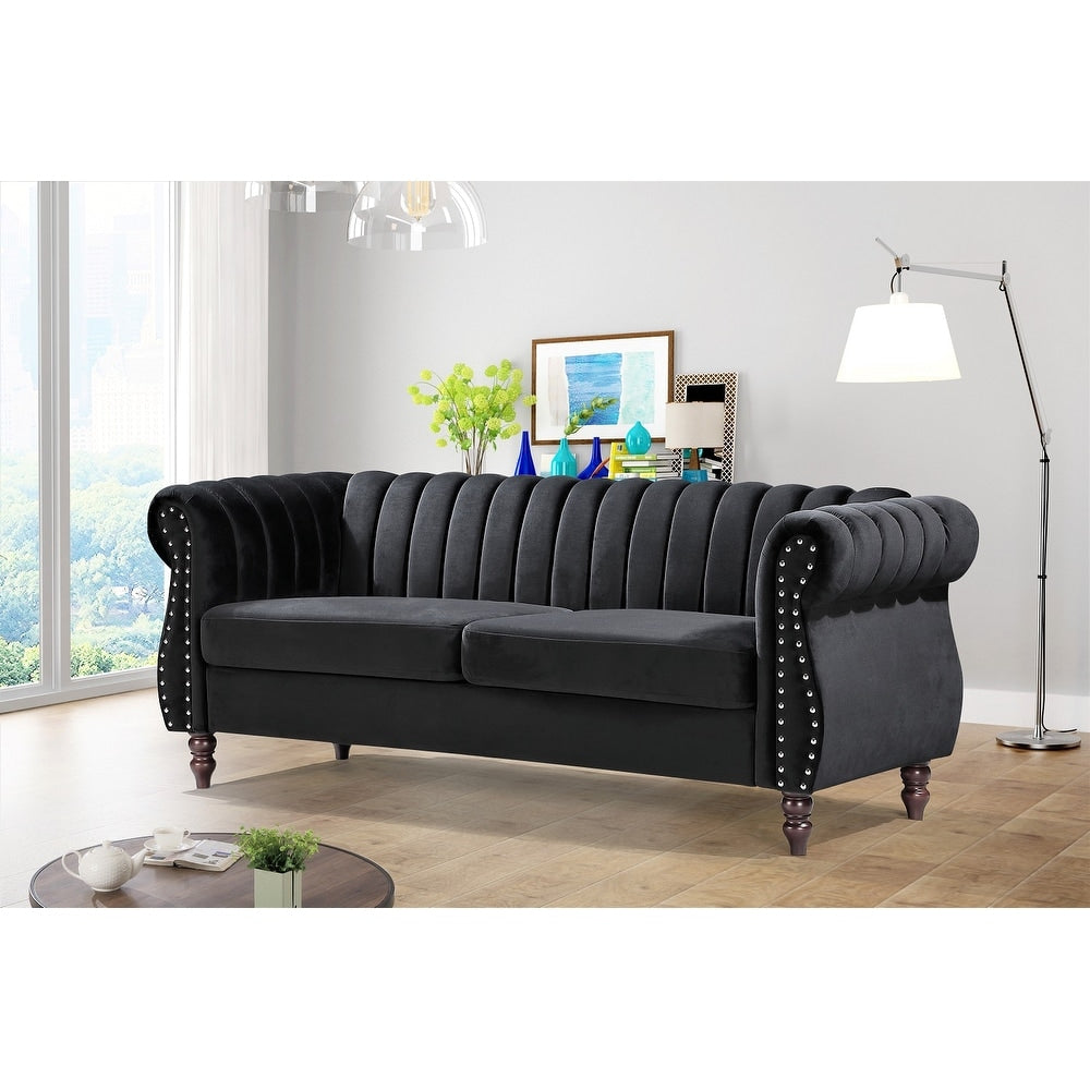 Canapé Chesterfield en velours Charlot à accoudoirs roulés