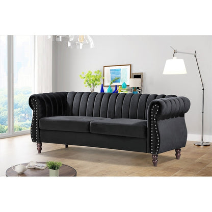 Canapé Chesterfield en velours Charlot à accoudoirs roulés