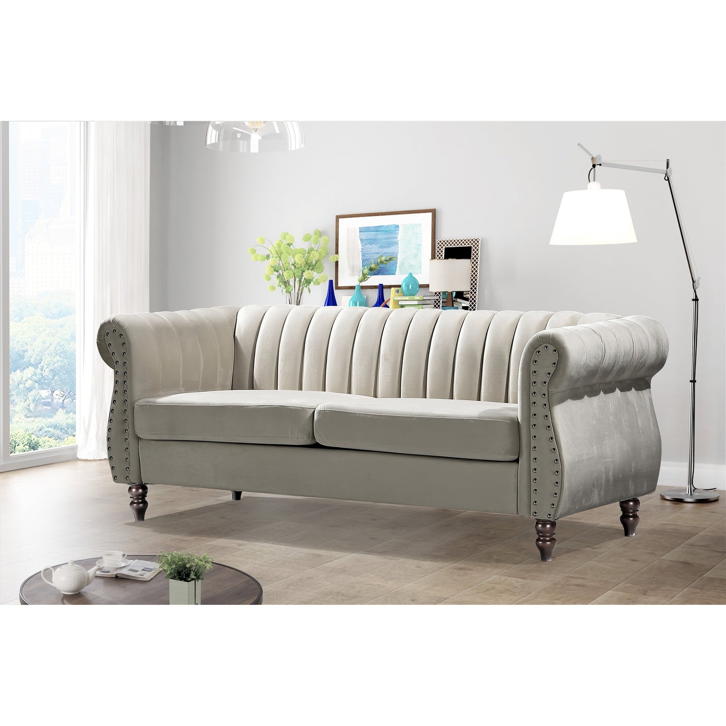 Canapé Chesterfield en velours Charlot à accoudoirs roulés