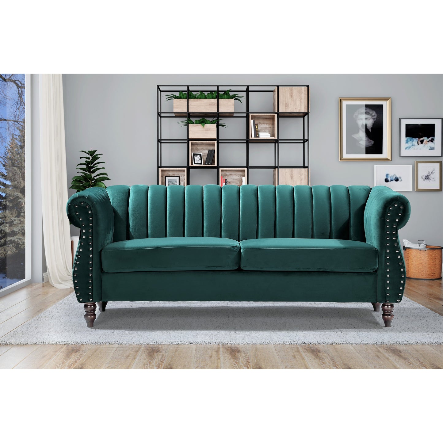 Canapé Chesterfield en velours Charlot à accoudoirs roulés