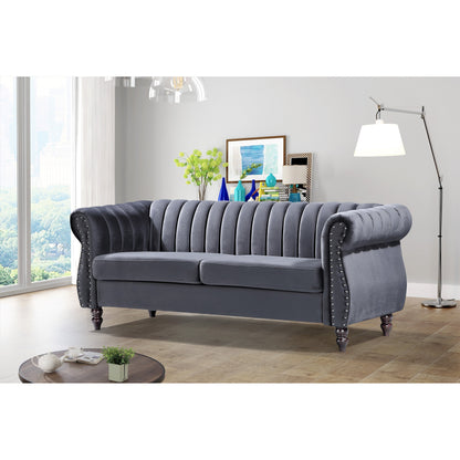 Canapé Chesterfield en velours Charlot à accoudoirs roulés