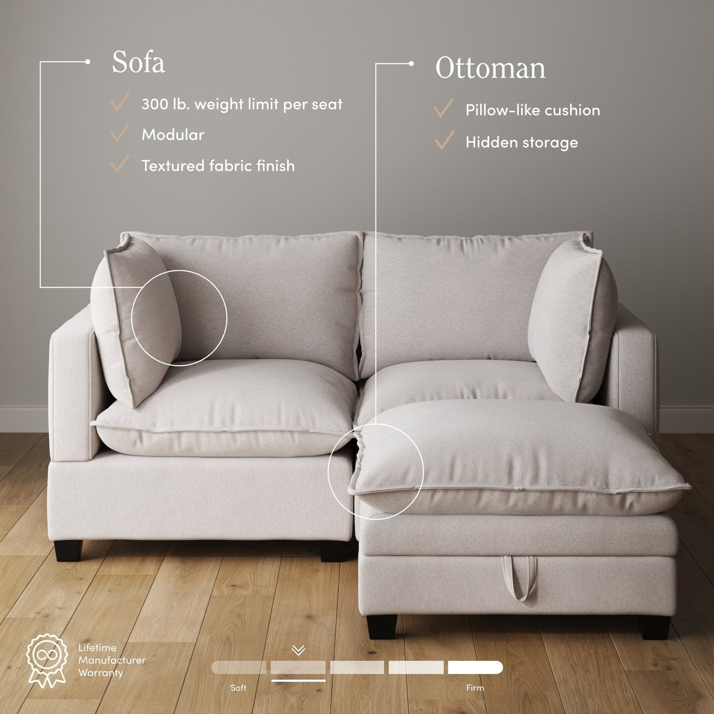 Canapé modulaire rembourré Chelsea Modern Cloud avec assise profonde et coussins moelleux