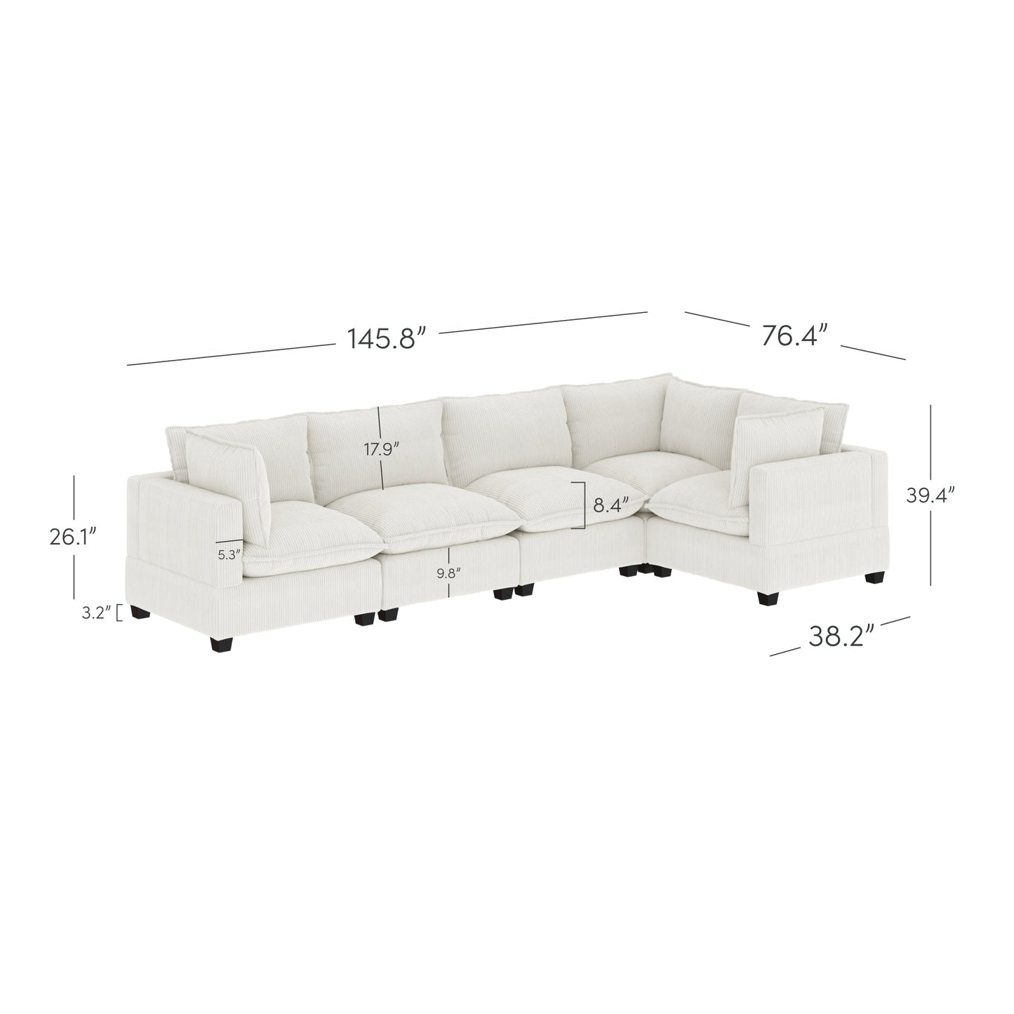 Canapé modulaire rembourré Chelsea Modern Cloud avec assise profonde et coussins moelleux