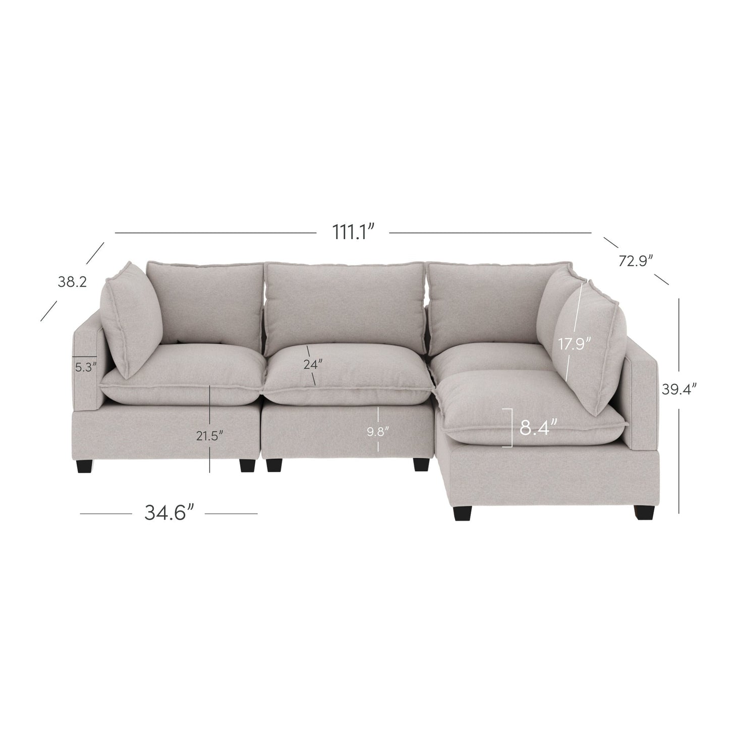 Canapé modulaire rembourré Chelsea Modern Cloud avec assise profonde et coussins moelleux