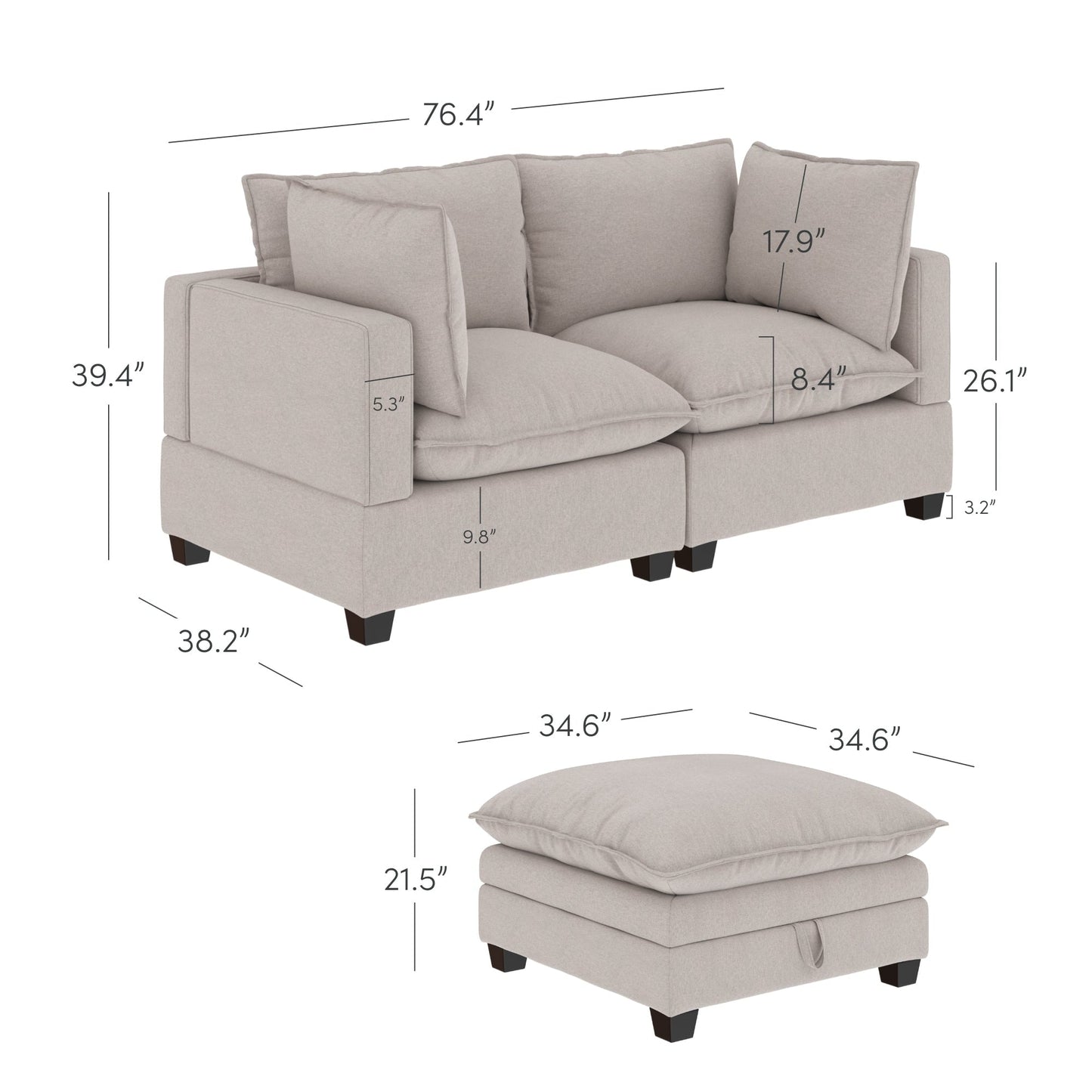 Canapé modulaire rembourré Chelsea Modern Cloud avec assise profonde et coussins moelleux