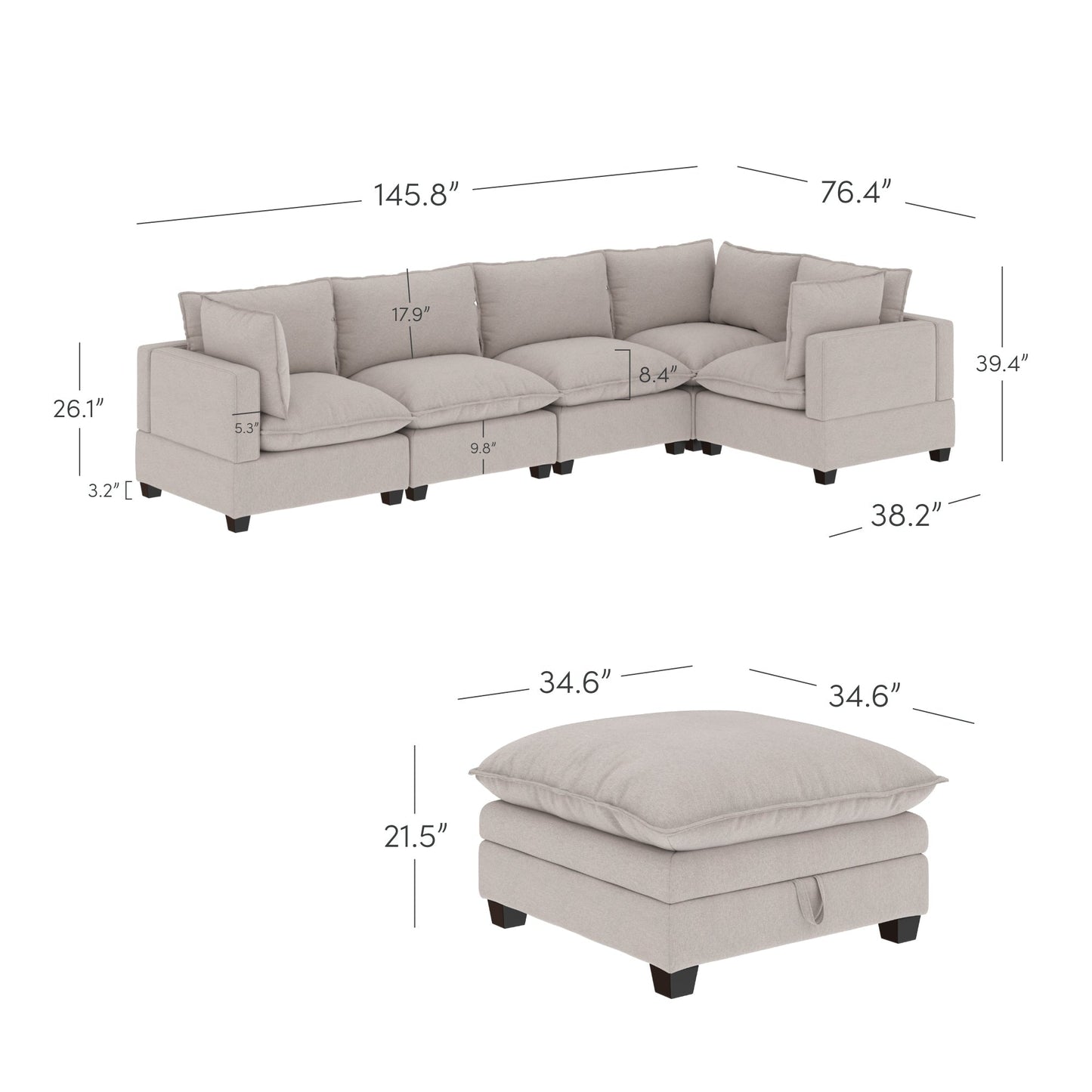Canapé modulaire rembourré Chelsea Modern Cloud avec assise profonde et coussins moelleux