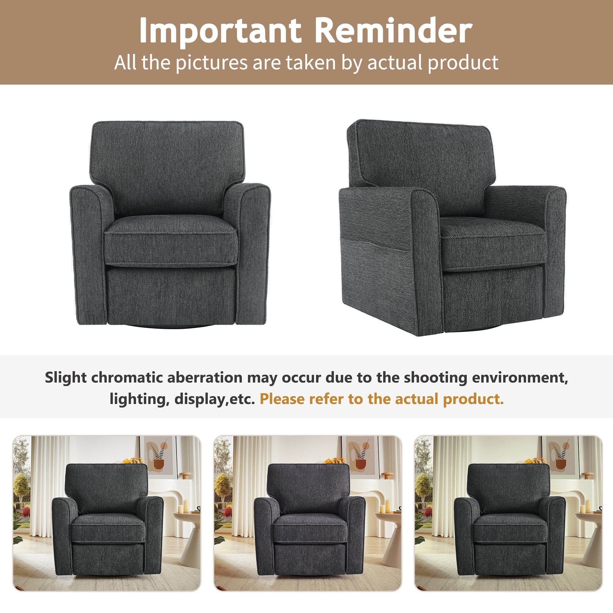 Fauteuil pivotant à 360° en chenille, fauteuil moderne avec poches latérales, fauteuil pivotant, fauteuil inclinable ergonomique pour chambre à coucher