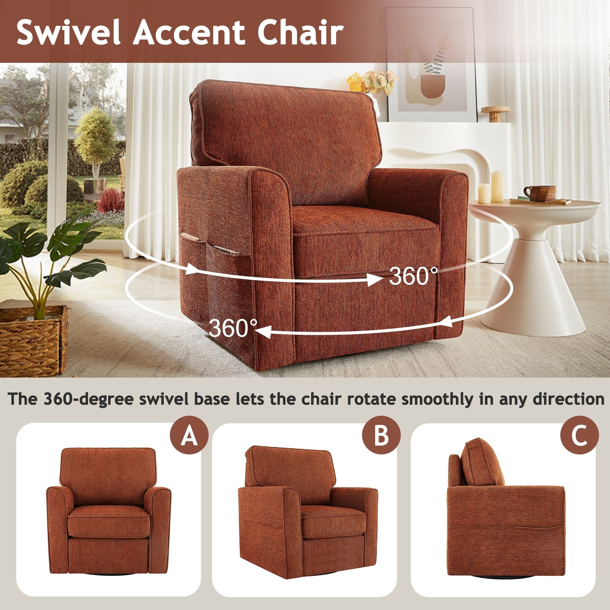 Fauteuil pivotant à 360° en chenille, fauteuil moderne avec poches latérales, fauteuil pivotant, fauteuil inclinable ergonomique pour chambre à coucher