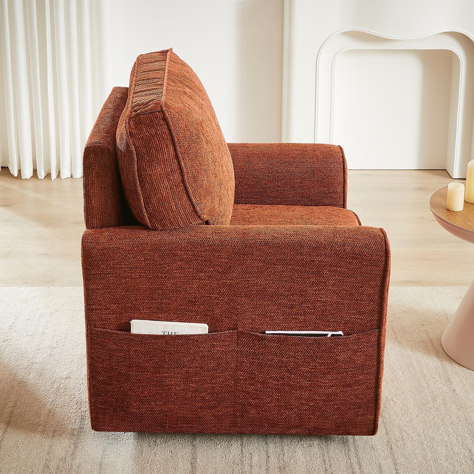 Fauteuil pivotant à 360° en chenille, fauteuil moderne avec poches latérales, fauteuil pivotant, fauteuil inclinable ergonomique pour chambre à coucher