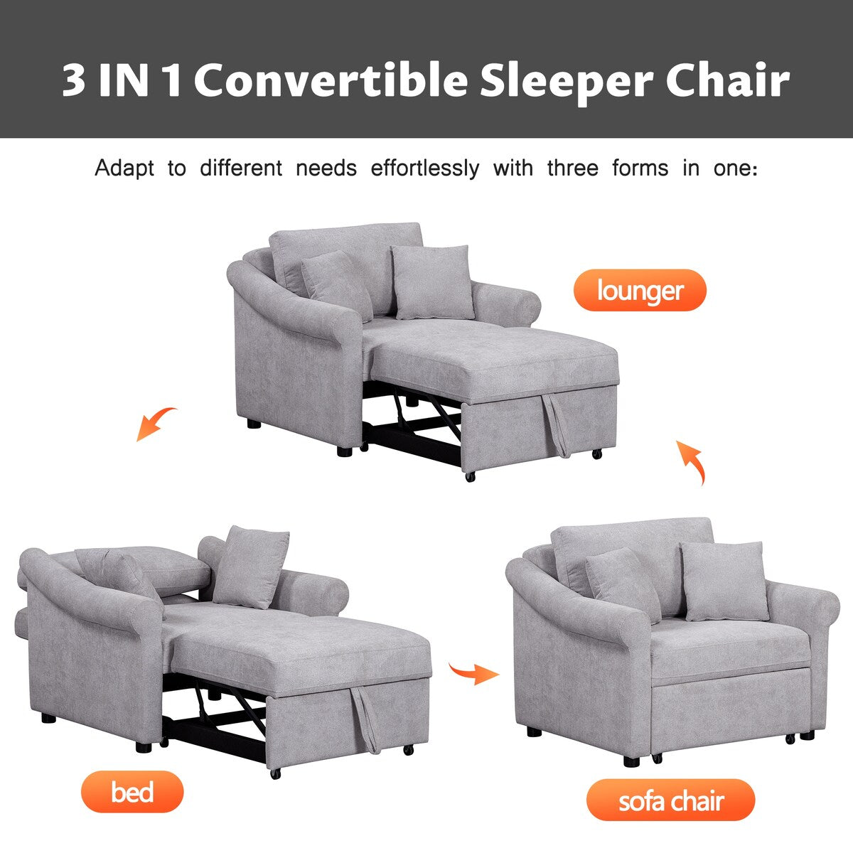 Fauteuil convertible en chenille avec dossier réglable, chaise longue 3 en 1 transformable en lit, lit simple pour salon