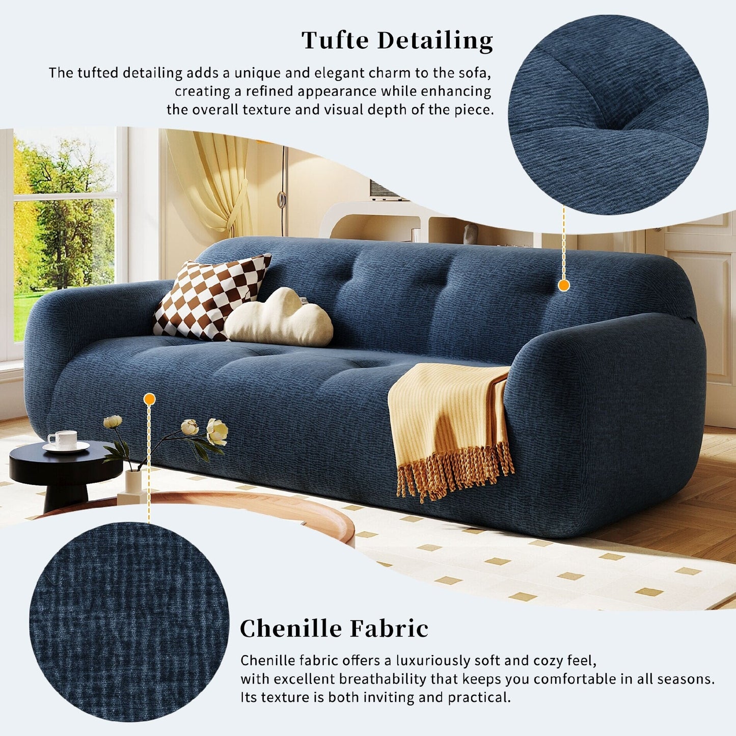 Canapé 3 places en tissu chenille avec capitonnage et compression intégrale en éponge