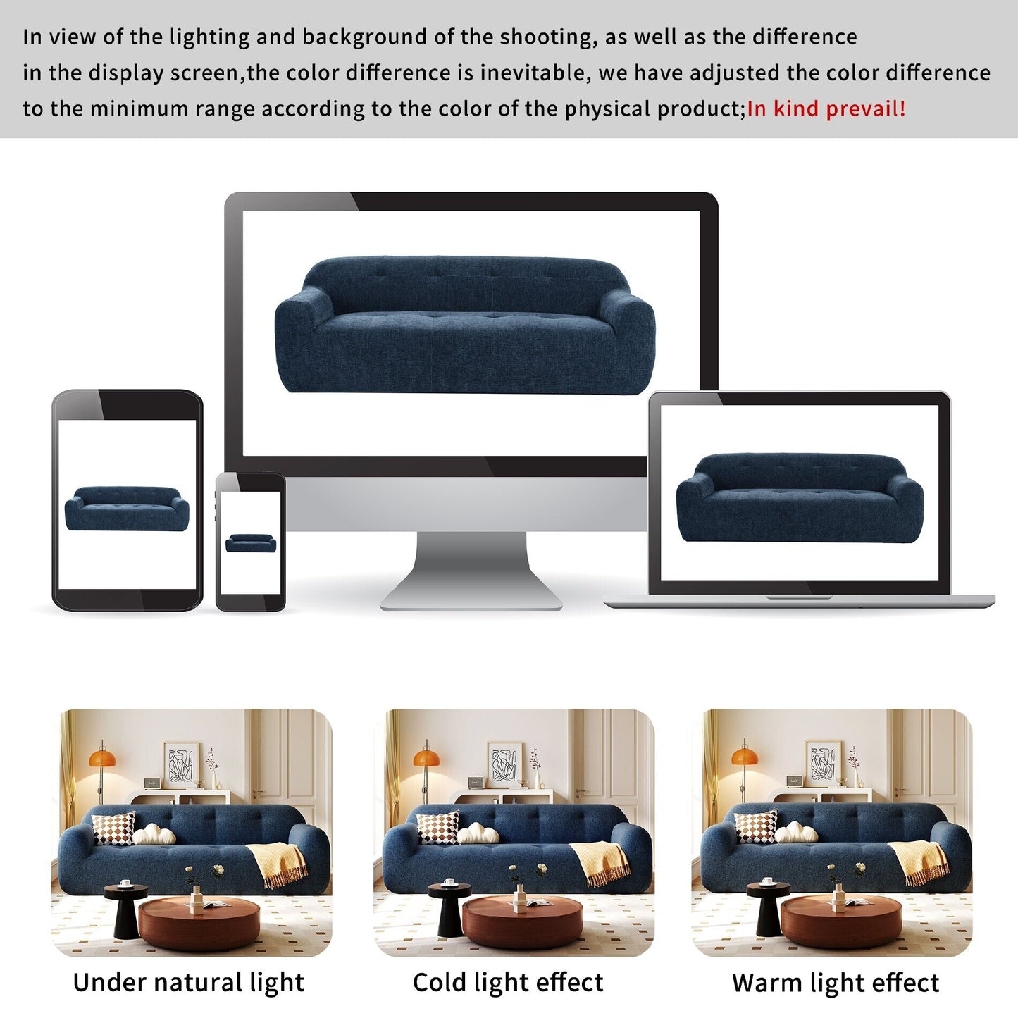 Canapé 3 places en tissu chenille avec capitonnage et compression intégrale en éponge