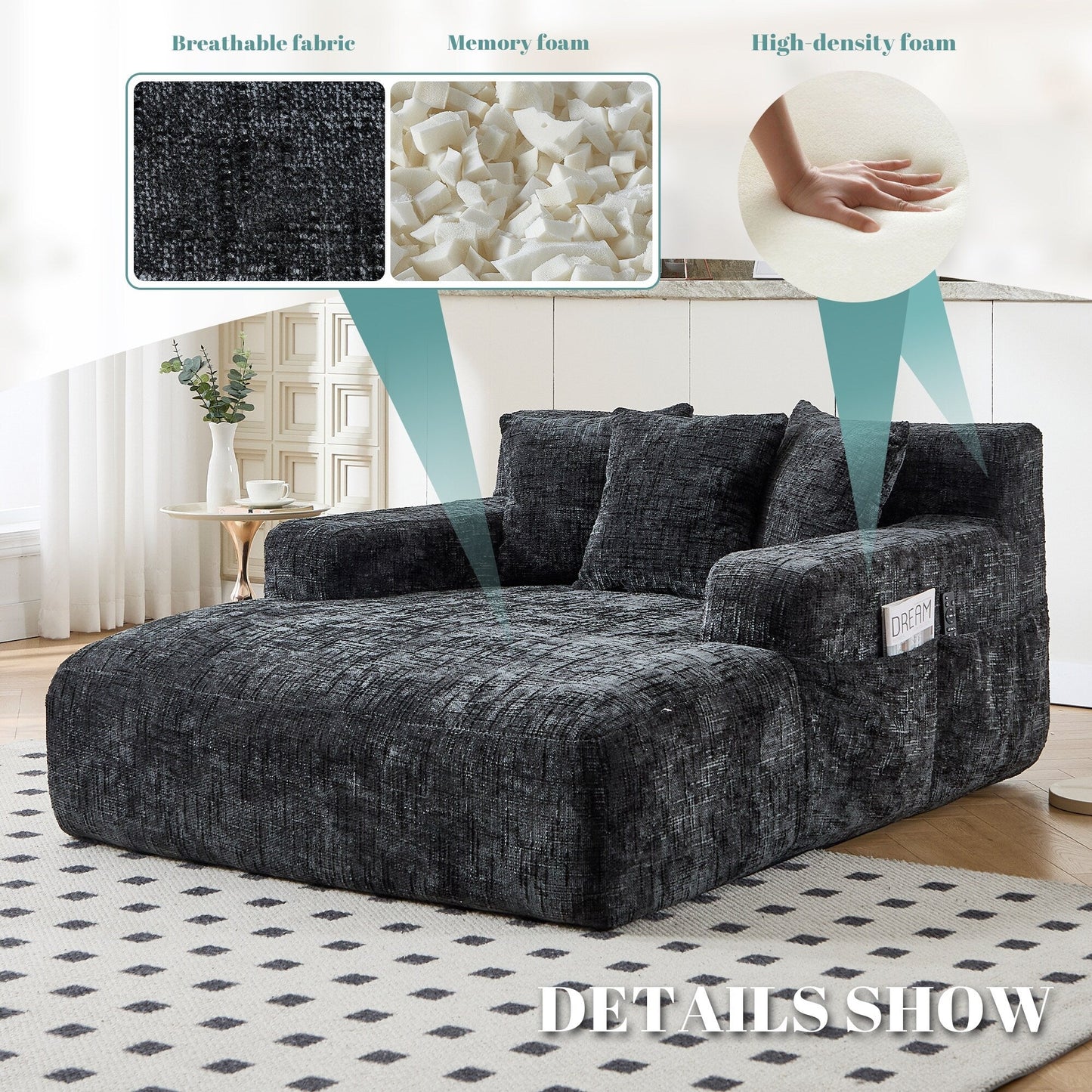 Canapé-lit en chenille avec coussins - Fauteuil convertible avec accoudoirs, canapé-lit multi-positions pour salon