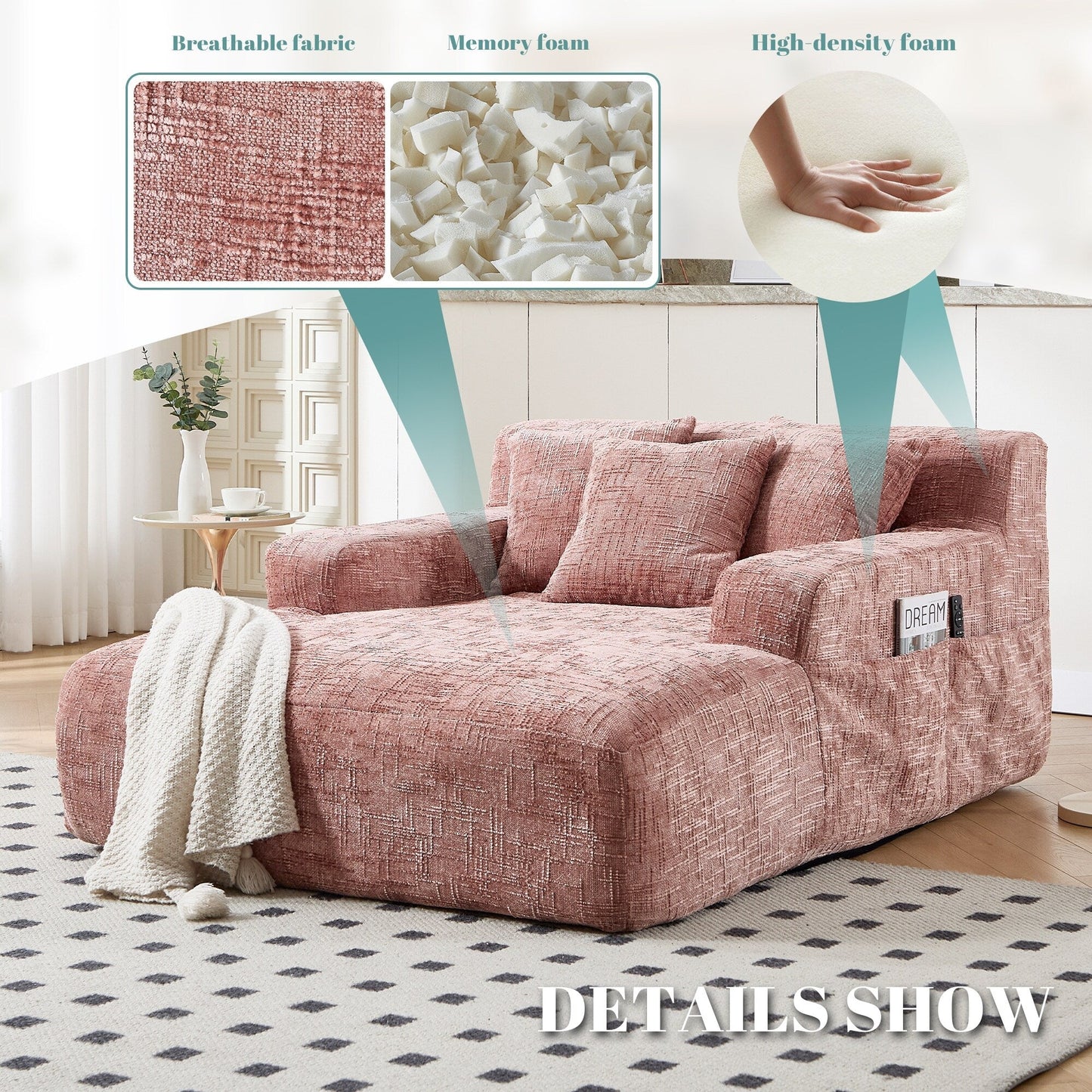 Canapé-lit en chenille avec coussins - Fauteuil convertible avec accoudoirs, canapé-lit multi-positions pour salon