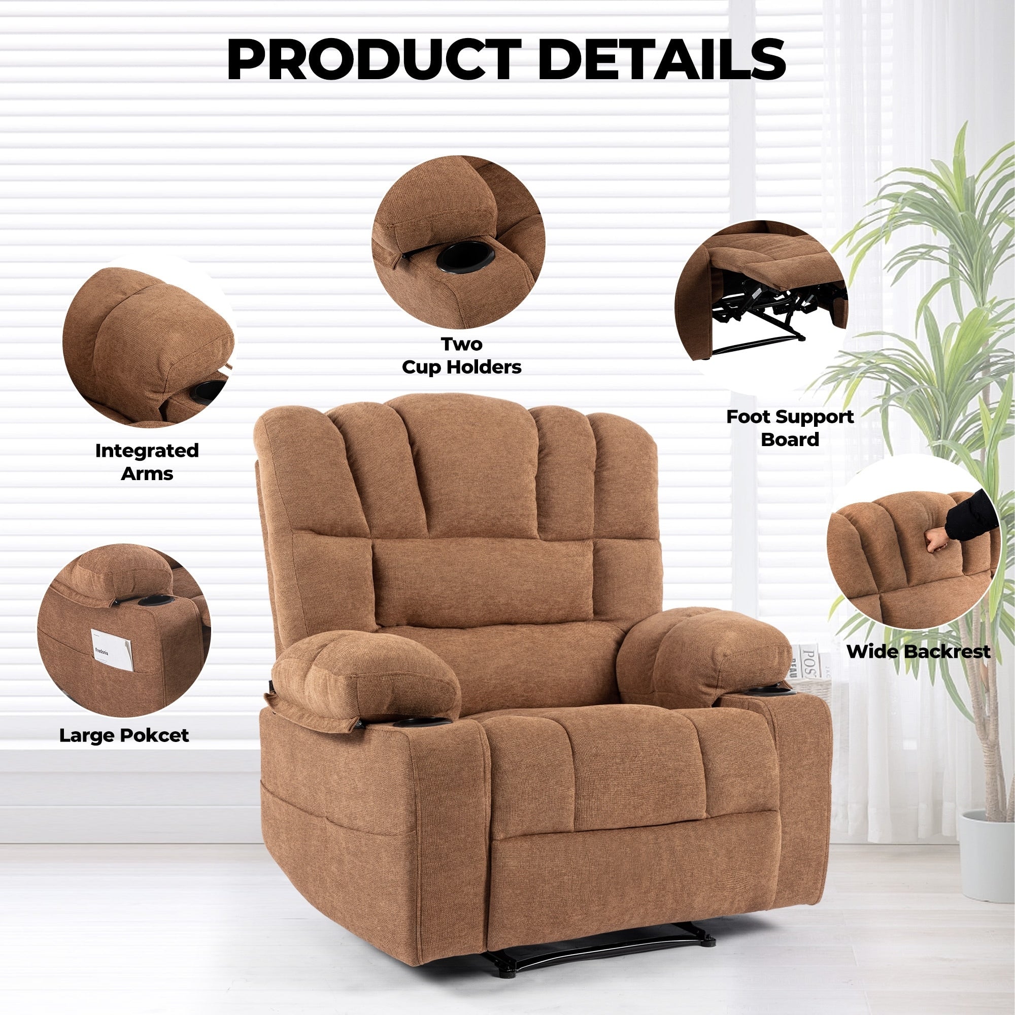 Fauteuil inclinable manuel en chenille avec massage et chauffage lombaire, deux porte-gobelets et poches latérales