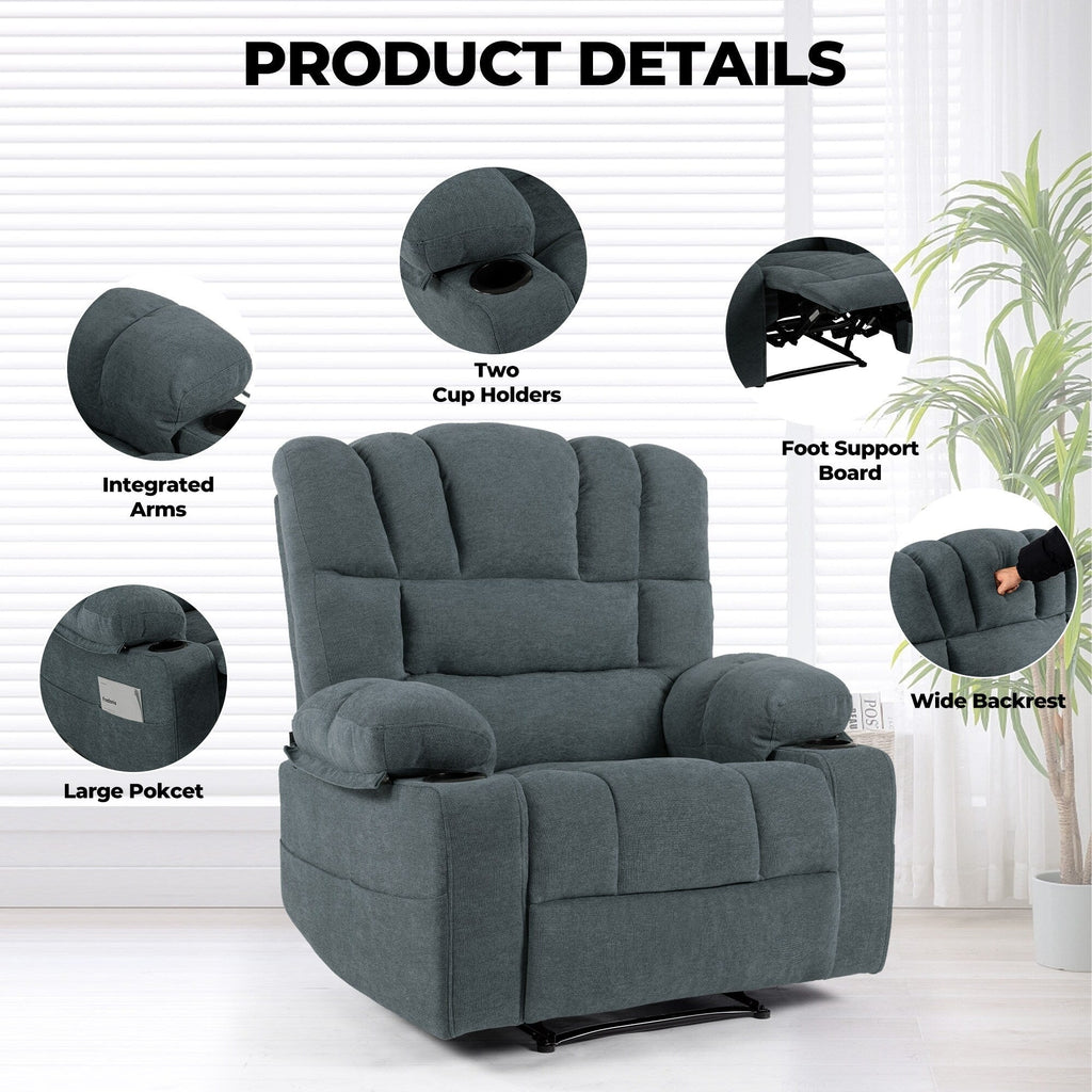 Fauteuil inclinable manuel en chenille avec massage et chauffage lombaire, deux porte-gobelets et poches latérales