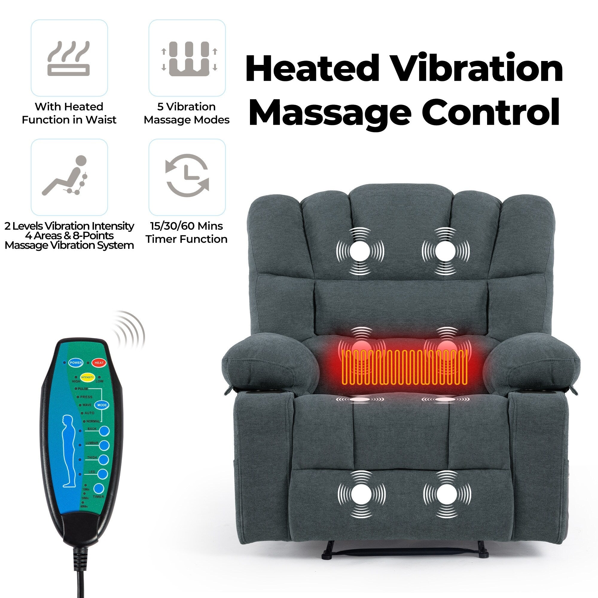 Fauteuil inclinable manuel en chenille avec massage et chauffage lombaire, deux porte-gobelets et poches latérales