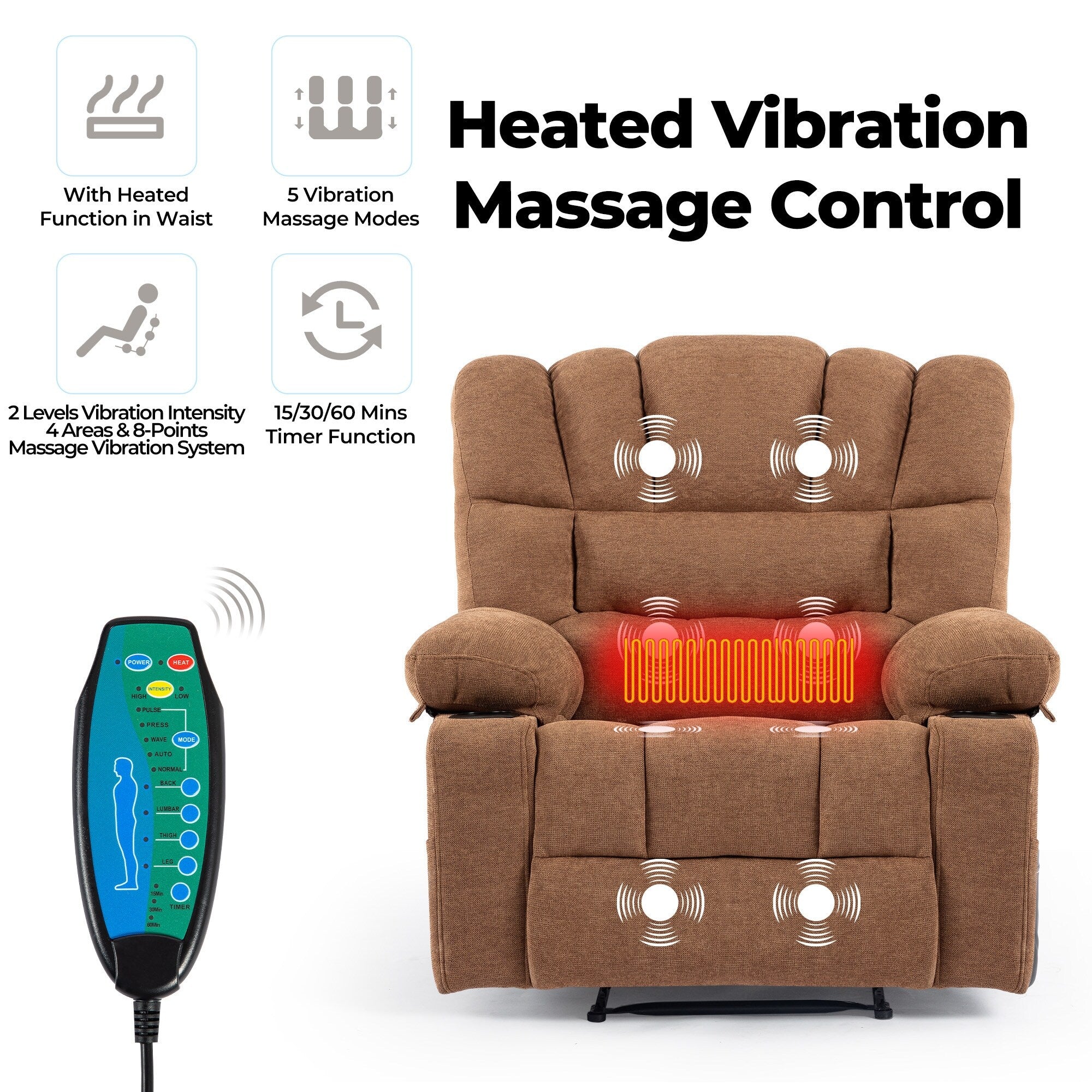 Fauteuil inclinable manuel en chenille avec massage et chauffage lombaire, deux porte-gobelets et poches latérales