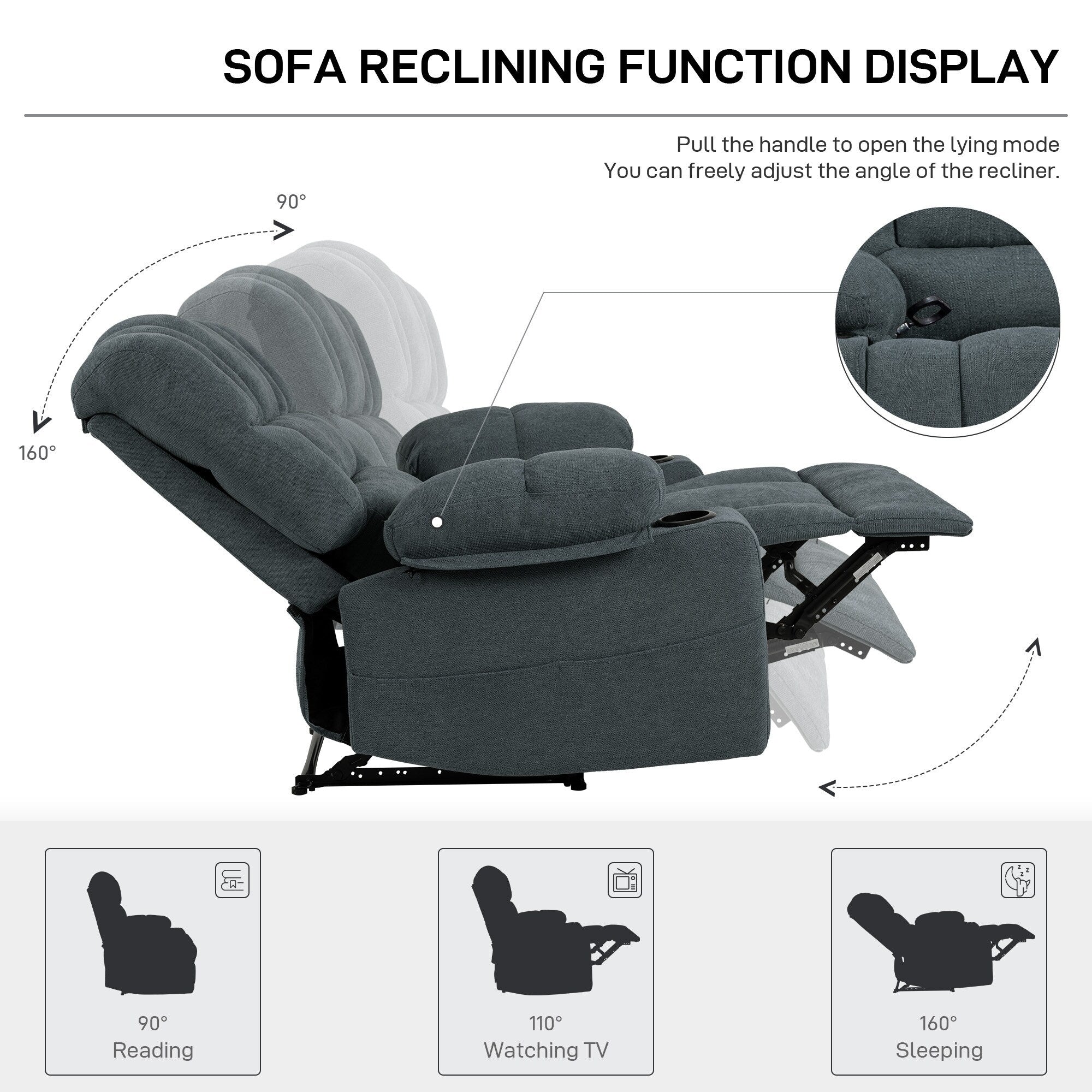 Fauteuil inclinable manuel en chenille avec massage et chauffage lombaire, deux porte-gobelets et poches latérales