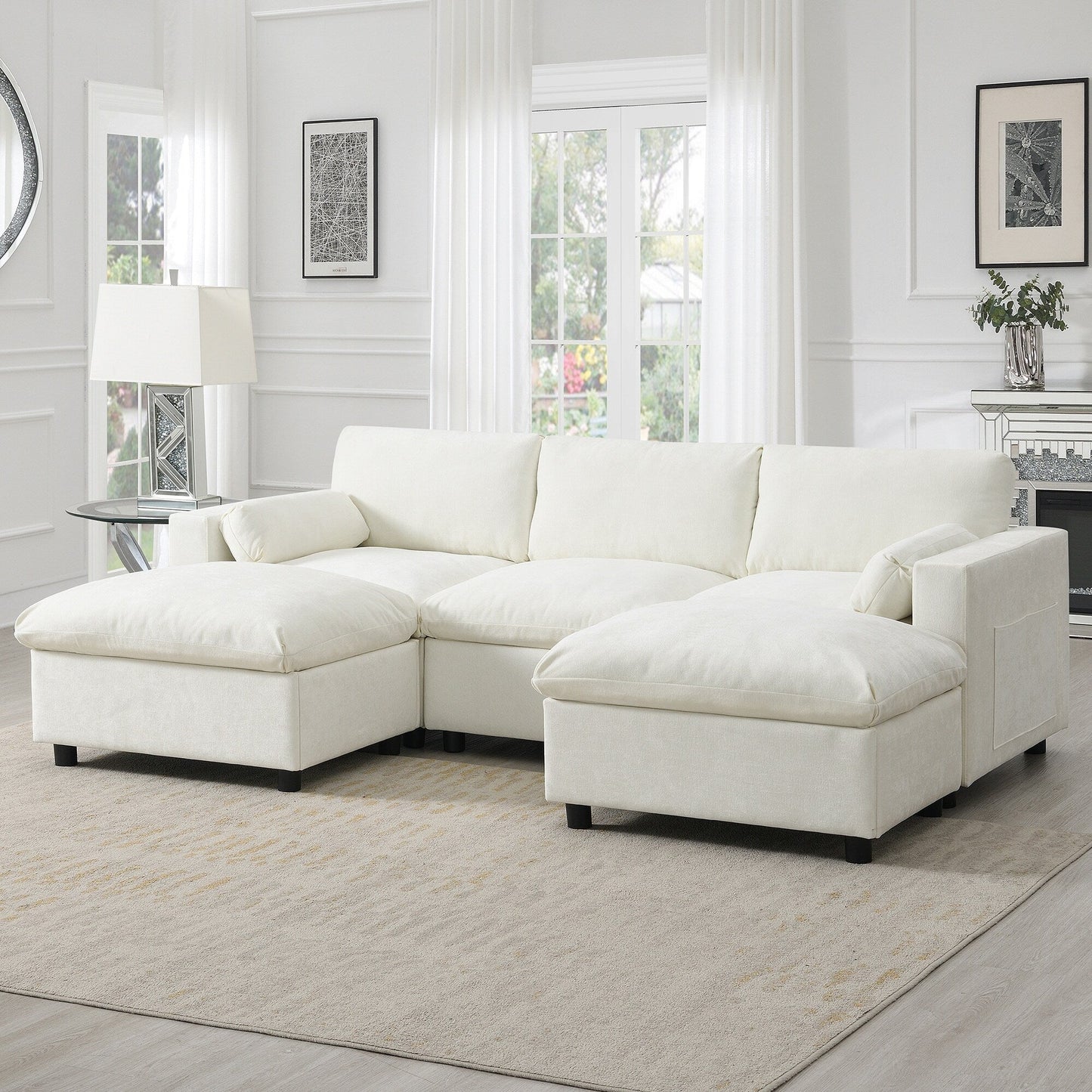 Canapé modulaire sectionnel en chenille avec poches de rangement, ensemble de canapés en U 5 places avec coussins, canapé Cloud avec 2 poufs amovibles