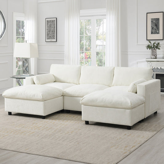 Canapé modulaire sectionnel en chenille avec poches de rangement, ensemble de canapés en U 5 places avec coussins, canapé Cloud avec 2 poufs amovibles