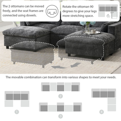 Canapé modulaire sectionnel en chenille avec poches de rangement, ensemble de canapés en U 5 places avec coussins, canapé Cloud avec 2 poufs amovibles